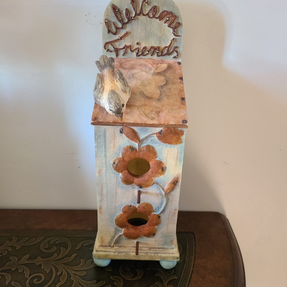 Welcome Friends Bird House 2 Perch Flowers Bird Browns Blues Free Standing Hang